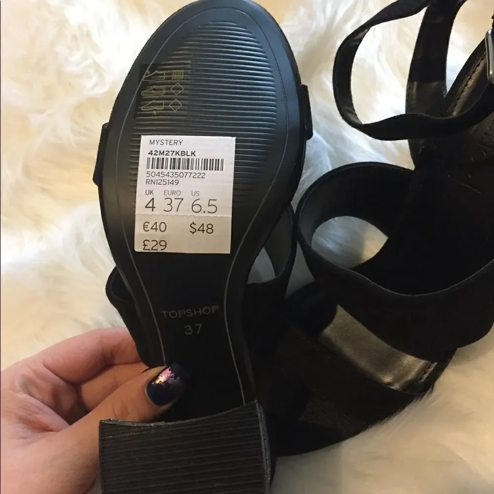 Topshop Women's Black Chunky Sparking Heel Strappy Sandals, Size 6.5